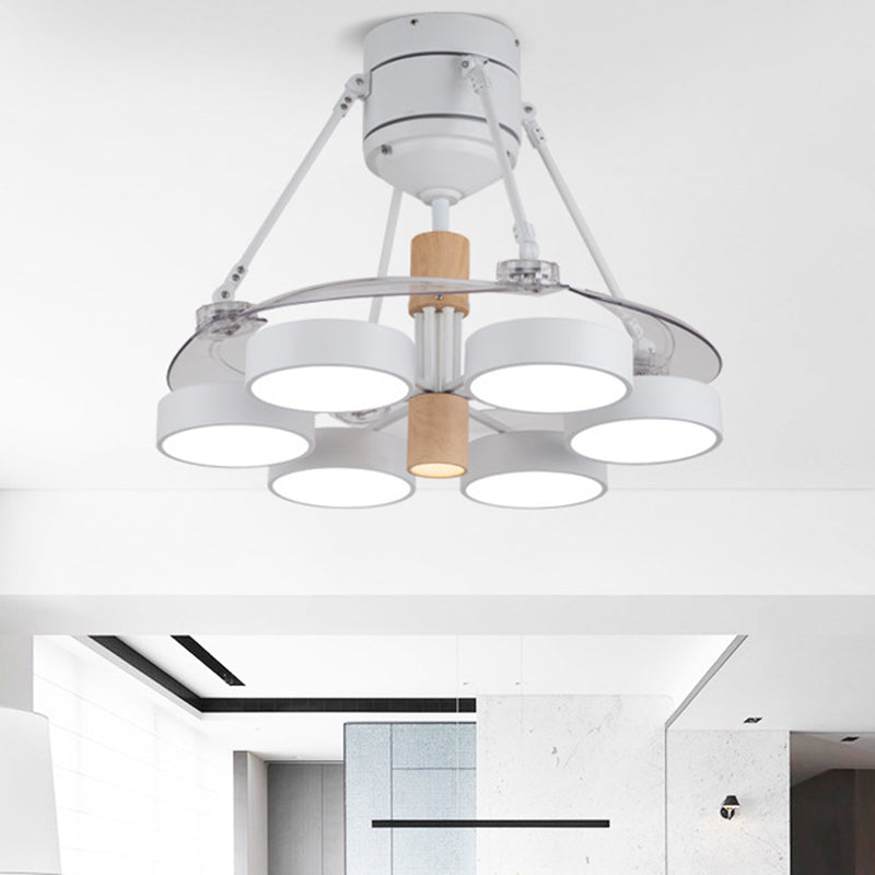 Simplicity Drum Pendant Fan Light Metallic 6-Head 48" W Drawing Room Close to Ceiling Lamp with 4 Clear Blades in Black/White/Pink White Clearhalo 'Ceiling Fans with Lights' 'Ceiling Fans' 'Modern Ceiling Fans' 'Modern' Lighting' 1289916