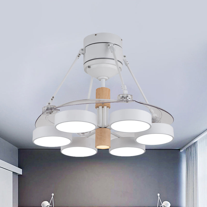 Simplicity Drum Pendant Fan Light Metallic 6-Head 48" W Drawing Room Close to Ceiling Lamp with 4 Clear Blades in Black/White/Pink Clearhalo 'Ceiling Fans with Lights' 'Ceiling Fans' 'Modern Ceiling Fans' 'Modern' Lighting' 1289917