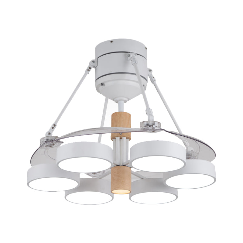 Simplicity Drum Pendant Fan Light Metallic 6-Head 48" W Drawing Room Close to Ceiling Lamp with 4 Clear Blades in Black/White/Pink Clearhalo 'Ceiling Fans with Lights' 'Ceiling Fans' 'Modern Ceiling Fans' 'Modern' Lighting' 1289919