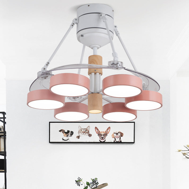 Simplicity Drum Pendant Fan Light Metallic 6-Head 48" W Drawing Room Close to Ceiling Lamp with 4 Clear Blades in Black/White/Pink Pink Clearhalo 'Ceiling Fans with Lights' 'Ceiling Fans' 'Modern Ceiling Fans' 'Modern' Lighting' 1289920
