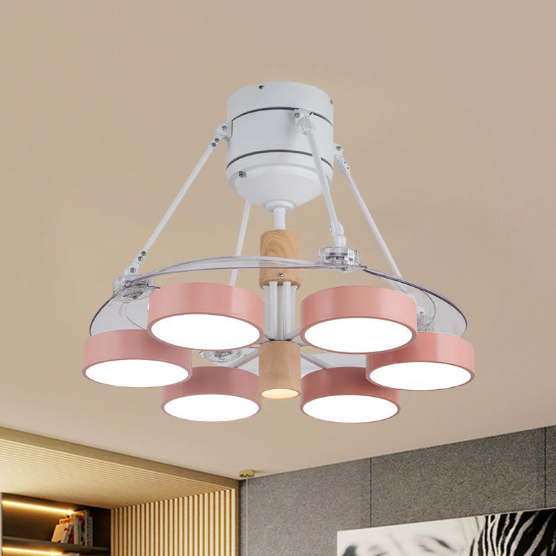 Simplicity Drum Pendant Fan Light Metallic 6-Head 48" W Drawing Room Close to Ceiling Lamp with 4 Clear Blades in Black/White/Pink Clearhalo 'Ceiling Fans with Lights' 'Ceiling Fans' 'Modern Ceiling Fans' 'Modern' Lighting' 1289921