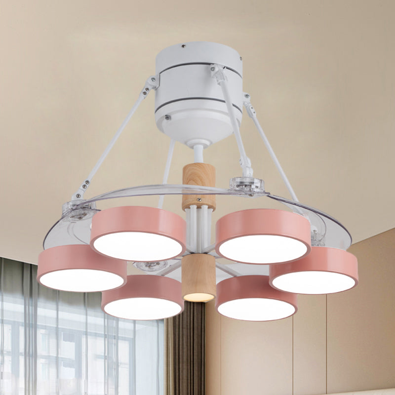 Simplicity Drum Pendant Fan Light Metallic 6-Head 48" W Drawing Room Close to Ceiling Lamp with 4 Clear Blades in Black/White/Pink Clearhalo 'Ceiling Fans with Lights' 'Ceiling Fans' 'Modern Ceiling Fans' 'Modern' Lighting' 1289922