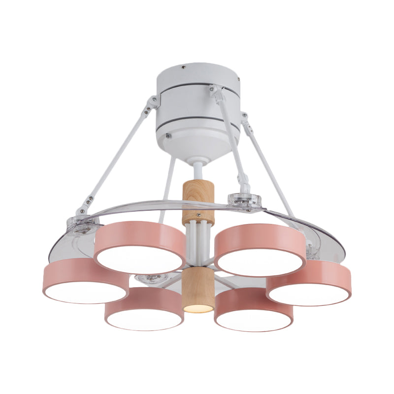 Simplicity Drum Pendant Fan Light Metallic 6-Head 48" W Drawing Room Close to Ceiling Lamp with 4 Clear Blades in Black/White/Pink Clearhalo 'Ceiling Fans with Lights' 'Ceiling Fans' 'Modern Ceiling Fans' 'Modern' Lighting' 1289923