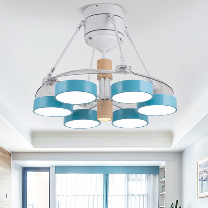 Simplicity Drum Pendant Fan Light Metallic 6-Head 48" W Drawing Room Close to Ceiling Lamp with 4 Clear Blades in Black/White/Pink Blue Clearhalo 'Ceiling Fans with Lights' 'Ceiling Fans' 'Modern Ceiling Fans' 'Modern' Lighting' 1289924