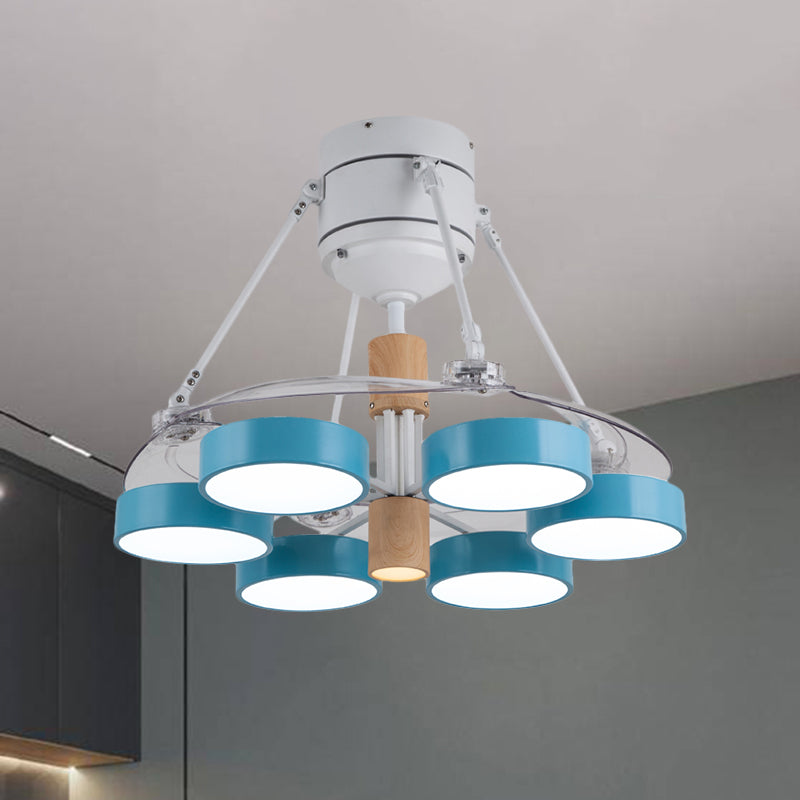 Simplicity Drum Pendant Fan Light Metallic 6-Head 48" W Drawing Room Close to Ceiling Lamp with 4 Clear Blades in Black/White/Pink Clearhalo 'Ceiling Fans with Lights' 'Ceiling Fans' 'Modern Ceiling Fans' 'Modern' Lighting' 1289925