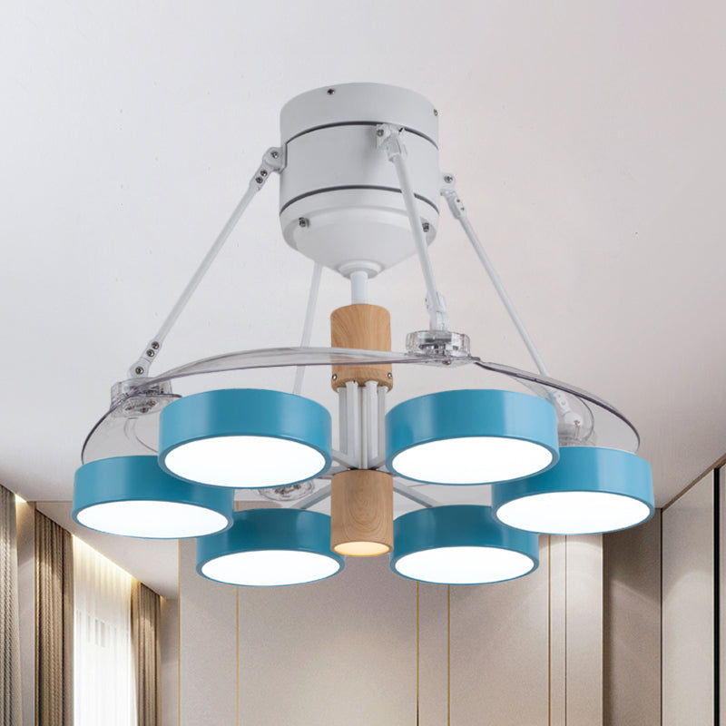 Simplicity Drum Pendant Fan Light Metallic 6-Head 48" W Drawing Room Close to Ceiling Lamp with 4 Clear Blades in Black/White/Pink Clearhalo 'Ceiling Fans with Lights' 'Ceiling Fans' 'Modern Ceiling Fans' 'Modern' Lighting' 1289926