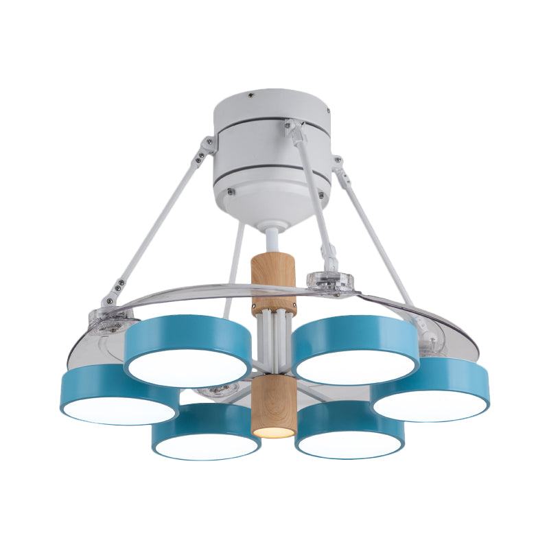 Simplicity Drum Pendant Fan Light Metallic 6-Head 48" W Drawing Room Close to Ceiling Lamp with 4 Clear Blades in Black/White/Pink Clearhalo 'Ceiling Fans with Lights' 'Ceiling Fans' 'Modern Ceiling Fans' 'Modern' Lighting' 1289927