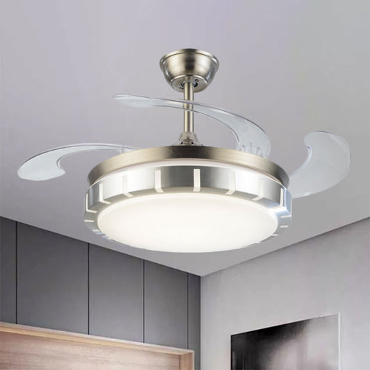 Drum Shape Hanging Fan Light Contemporary Metallic 42" Width LED Silver Semi Mount Lighting with 4 Clear Blades Clearhalo 'Ceiling Fans with Lights' 'Ceiling Fans' 'Modern Ceiling Fans' 'Modern' Lighting' 1289933