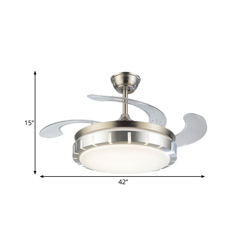 Drum Shape Hanging Fan Light Contemporary Metallic 42" Width LED Silver Semi Mount Lighting with 4 Clear Blades Clearhalo 'Ceiling Fans with Lights' 'Ceiling Fans' 'Modern Ceiling Fans' 'Modern' Lighting' 1289935
