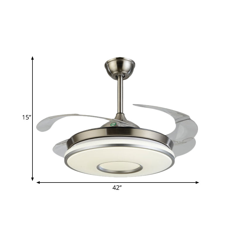 Silver Round Panel Ceiling Fan Lamp Simplicity LED Acrylic Semi Flush Mount Lighting with 4 Blades, 42" W Clearhalo 'Ceiling Fans with Lights' 'Ceiling Fans' 'Modern Ceiling Fans' 'Modern' Lighting' 1289943
