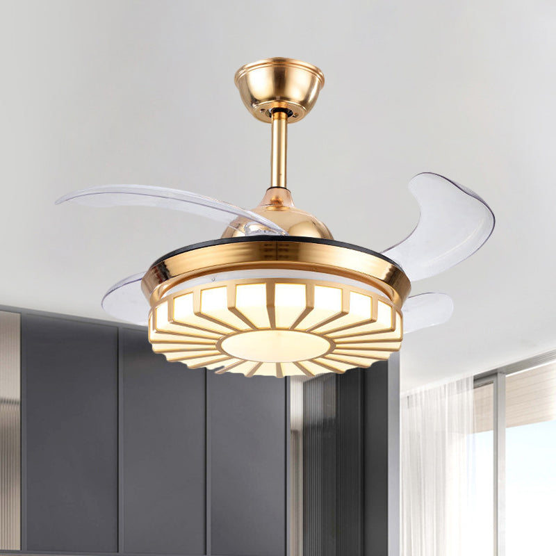 Minimalism Circular Semi Flush Mount Acrylic Living Room 4-Blade LED Pendant Fan Light in Silver/White/Gold, 42" W Gold Clearhalo 'Ceiling Fans with Lights' 'Ceiling Fans' 'Modern Ceiling Fans' 'Modern' Lighting' 1289944