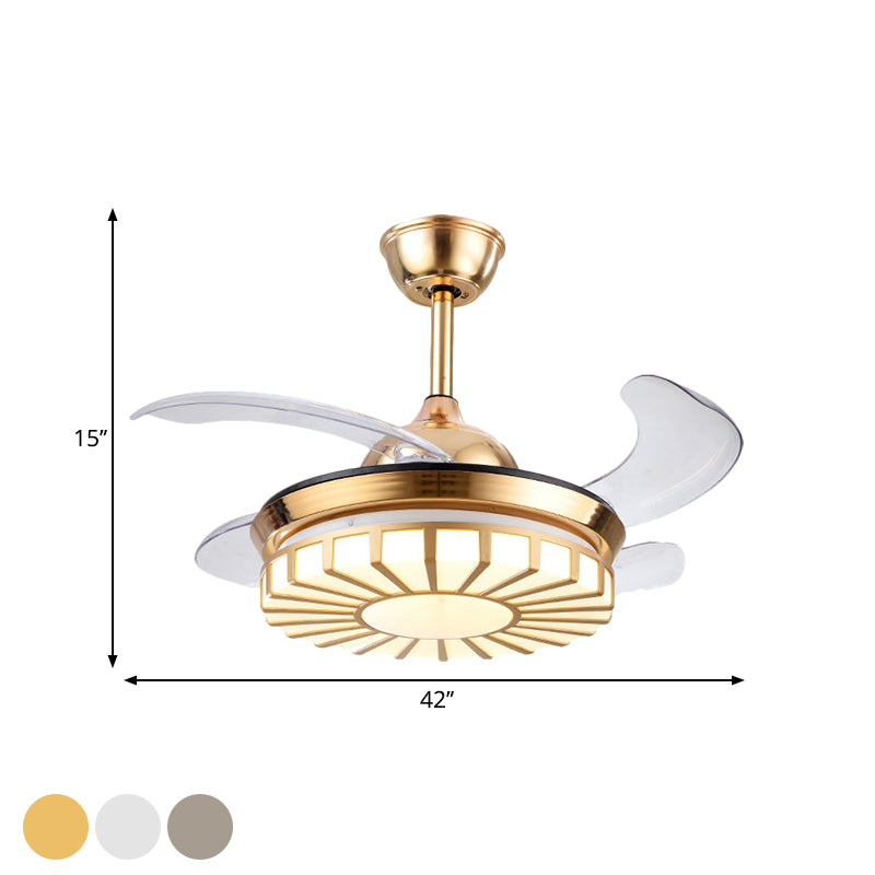 Minimalism Circular Semi Flush Mount Acrylic Living Room 4-Blade LED Pendant Fan Light in Silver/White/Gold, 42" W Clearhalo 'Ceiling Fans with Lights' 'Ceiling Fans' 'Modern Ceiling Fans' 'Modern' Lighting' 1289947