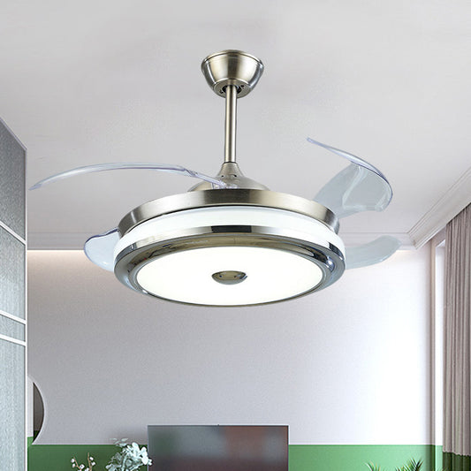 Acrylic Round Hanging Fan Lamp Simplicity LED Silver Semi Mount Lighting with 4 Blades, 42" Width Silver Clearhalo 'Ceiling Fans with Lights' 'Ceiling Fans' 'Modern Ceiling Fans' 'Modern' Lighting' 1289964