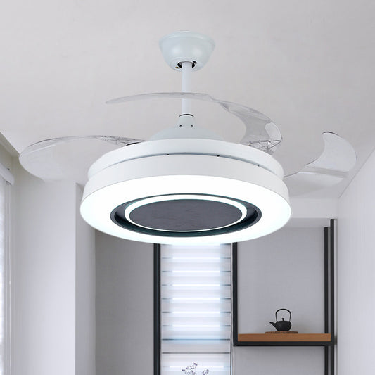 White Drum-Shape Pendant Fan Lamp Minimalism 42" Wide LED Acrylic Close to Ceiling Light with 4 Clear Blades White Clearhalo 'Ceiling Fans with Lights' 'Ceiling Fans' 'Modern Ceiling Fans' 'Modern' Lighting' 1289972