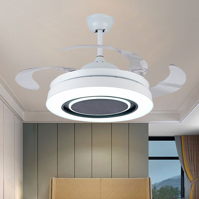 White Drum-Shape Pendant Fan Lamp Minimalism 42" Wide LED Acrylic Close to Ceiling Light with 4 Clear Blades Clearhalo 'Ceiling Fans with Lights' 'Ceiling Fans' 'Modern Ceiling Fans' 'Modern' Lighting' 1289973