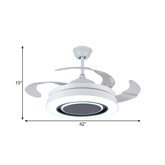 White Drum-Shape Pendant Fan Lamp Minimalism 42" Wide LED Acrylic Close to Ceiling Light with 4 Clear Blades Clearhalo 'Ceiling Fans with Lights' 'Ceiling Fans' 'Modern Ceiling Fans' 'Modern' Lighting' 1289975