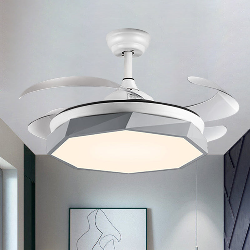 42" Wide Faceted Octagon Ceiling Lamp Minimalism Acrylic Grey/White/Pink 4 Blades LED Pendant Fan Light for Living Room Clearhalo 'Ceiling Fans with Lights' 'Ceiling Fans' 'Modern Ceiling Fans' 'Modern' Lighting' 1290019
