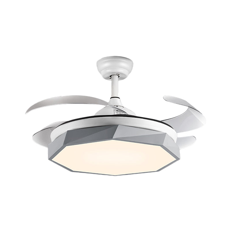 42" Wide Faceted Octagon Ceiling Lamp Minimalism Acrylic Grey/White/Pink 4 Blades LED Pendant Fan Light for Living Room Clearhalo 'Ceiling Fans with Lights' 'Ceiling Fans' 'Modern Ceiling Fans' 'Modern' Lighting' 1290020