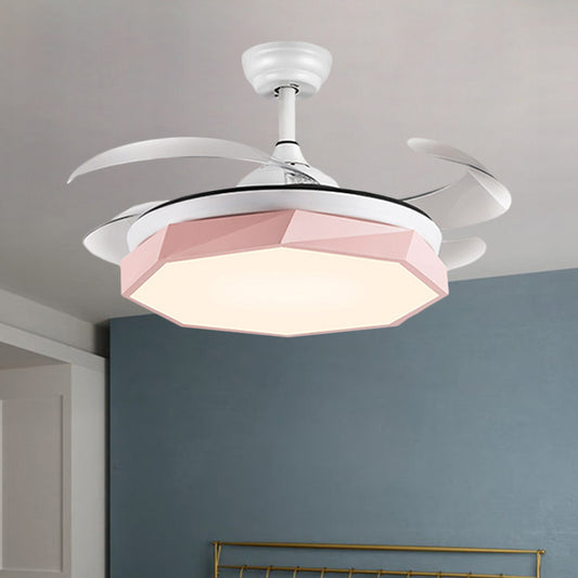 42" Wide Faceted Octagon Ceiling Lamp Minimalism Acrylic Grey/White/Pink 4 Blades LED Pendant Fan Light for Living Room Clearhalo 'Ceiling Fans with Lights' 'Ceiling Fans' 'Modern Ceiling Fans' 'Modern' Lighting' 1290028
