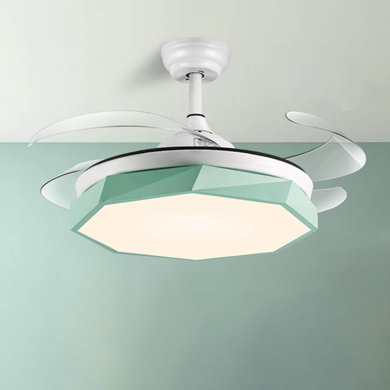42" Wide Faceted Octagon Ceiling Lamp Minimalism Acrylic Grey/White/Pink 4 Blades LED Pendant Fan Light for Living Room Green Clearhalo 'Ceiling Fans with Lights' 'Ceiling Fans' 'Modern Ceiling Fans' 'Modern' Lighting' 1290030