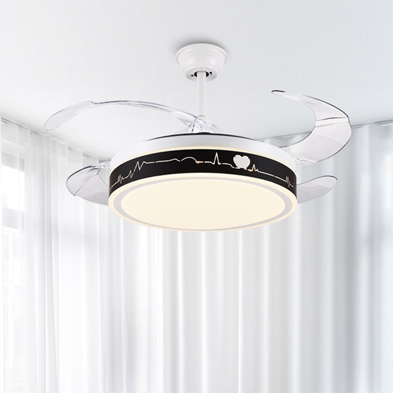 Nordic Drum Hanging Fan Lamp Acrylic Drawing Room 4-Blade LED Semi Flush with Heart Pattern in Black and White, 42" W Black-White Clearhalo 'Ceiling Fans with Lights' 'Ceiling Fans' 'Modern Ceiling Fans' 'Modern' Lighting' 1290034