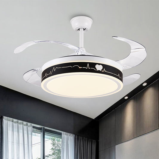 Nordic Drum Hanging Fan Lamp Acrylic Drawing Room 4-Blade LED Semi Flush with Heart Pattern in Black and White, 42" W Clearhalo 'Ceiling Fans with Lights' 'Ceiling Fans' 'Modern Ceiling Fans' 'Modern' Lighting' 1290035