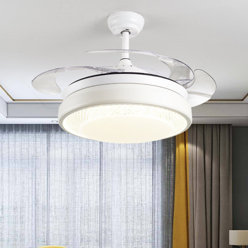 Acrylic Drum-Shaped Ceiling Fan Light Minimalism White 4-Blade LED Semi Flush Mount Lighting, 42" Wide White B Clearhalo 'Ceiling Fans with Lights' 'Ceiling Fans' 'Modern Ceiling Fans' 'Modern' Lighting' 1290046