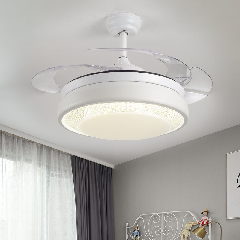 Acrylic Drum-Shaped Ceiling Fan Light Minimalism White 4-Blade LED Semi Flush Mount Lighting, 42" Wide Clearhalo 'Ceiling Fans with Lights' 'Ceiling Fans' 'Modern Ceiling Fans' 'Modern' Lighting' 1290048