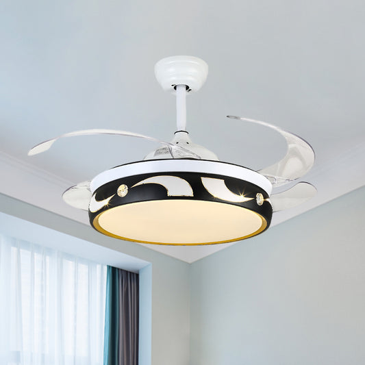42.5" W Drum Pendant Fan Lamp Modernist Acrylic Black-White 4-Blade LED Semi Flush Ceiling Light with Sun and Moon Pattern Black-White Clearhalo 'Ceiling Fans with Lights' 'Ceiling Fans' 'Modern Ceiling Fans' 'Modern' Lighting' 1290075