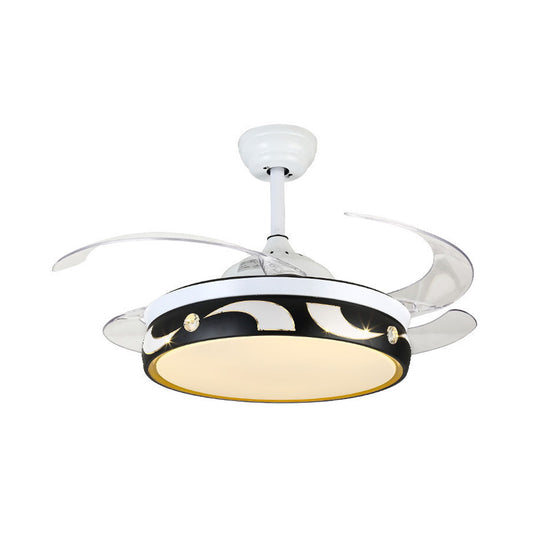 42.5" W Drum Pendant Fan Lamp Modernist Acrylic Black-White 4-Blade LED Semi Flush Ceiling Light with Sun and Moon Pattern Clearhalo 'Ceiling Fans with Lights' 'Ceiling Fans' 'Modern Ceiling Fans' 'Modern' Lighting' 1290077