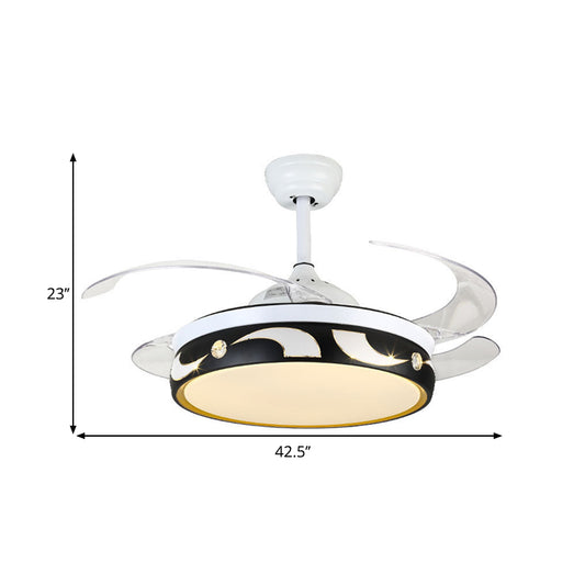 42.5" W Drum Pendant Fan Lamp Modernist Acrylic Black-White 4-Blade LED Semi Flush Ceiling Light with Sun and Moon Pattern Clearhalo 'Ceiling Fans with Lights' 'Ceiling Fans' 'Modern Ceiling Fans' 'Modern' Lighting' 1290078