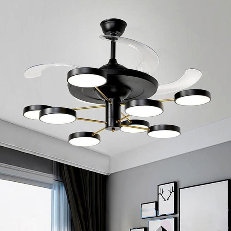 Nordic Round Panel Hanging Fan Lamp Acrylic 6/8 Heads Drawing Room 4-Blade Semi Flush Mount in Black, 42.5" Wide 8.0 Black Clearhalo 'Ceiling Fans with Lights' 'Ceiling Fans' 'Modern Ceiling Fans' 'Modern' Lighting' 1290106