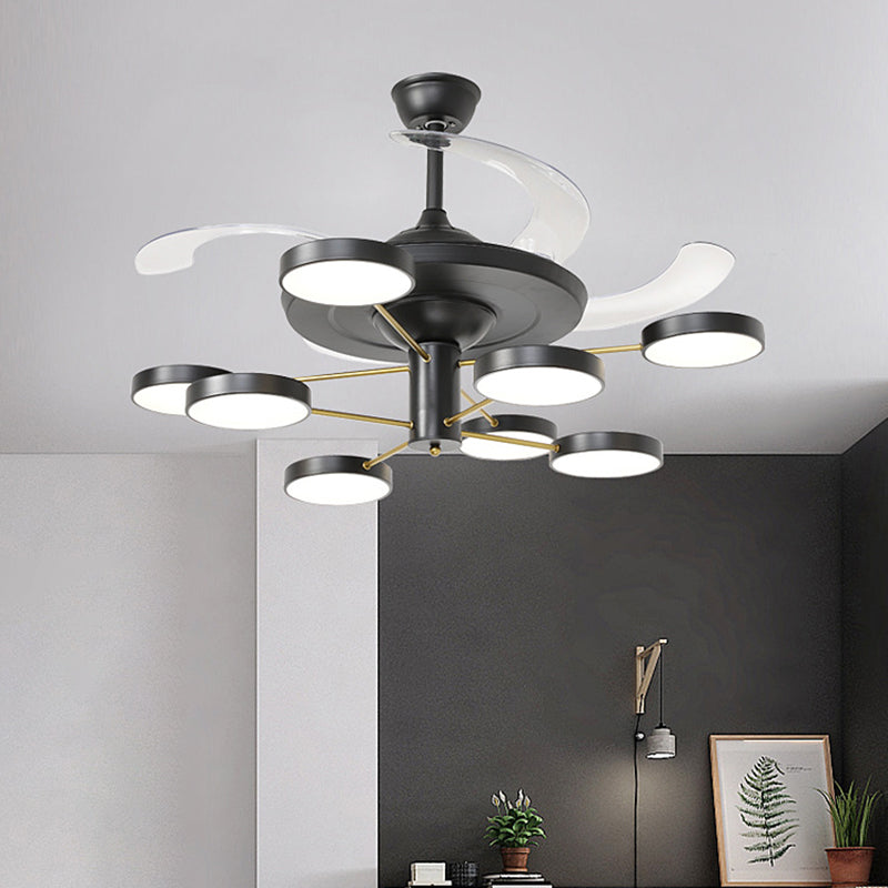Nordic Round Panel Hanging Fan Lamp Acrylic 6/8 Heads Drawing Room 4-Blade Semi Flush Mount in Black, 42.5" Wide Clearhalo 'Ceiling Fans with Lights' 'Ceiling Fans' 'Modern Ceiling Fans' 'Modern' Lighting' 1290107