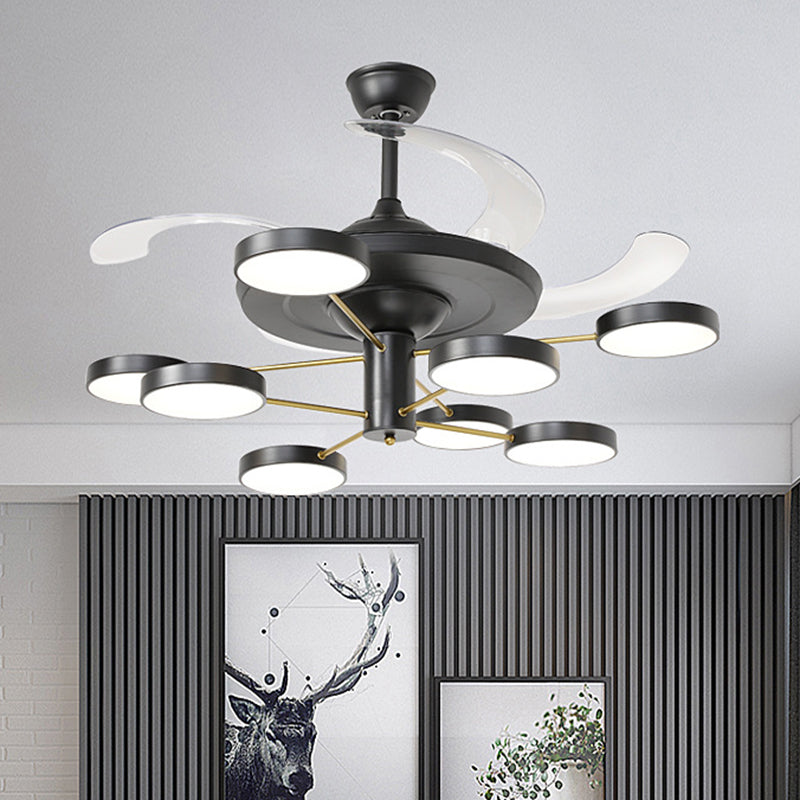 Nordic Round Panel Hanging Fan Lamp Acrylic 6/8 Heads Drawing Room 4-Blade Semi Flush Mount in Black, 42.5" Wide Clearhalo 'Ceiling Fans with Lights' 'Ceiling Fans' 'Modern Ceiling Fans' 'Modern' Lighting' 1290108