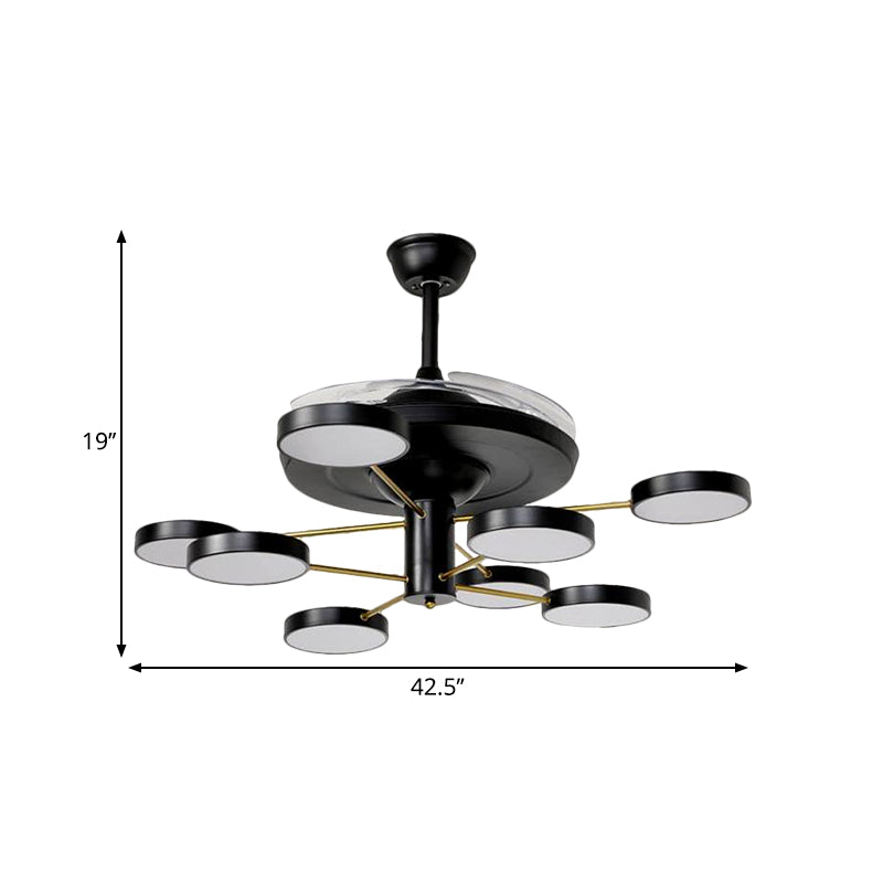 Nordic Round Panel Hanging Fan Lamp Acrylic 6/8 Heads Drawing Room 4-Blade Semi Flush Mount in Black, 42.5" Wide Clearhalo 'Ceiling Fans with Lights' 'Ceiling Fans' 'Modern Ceiling Fans' 'Modern' Lighting' 1290110