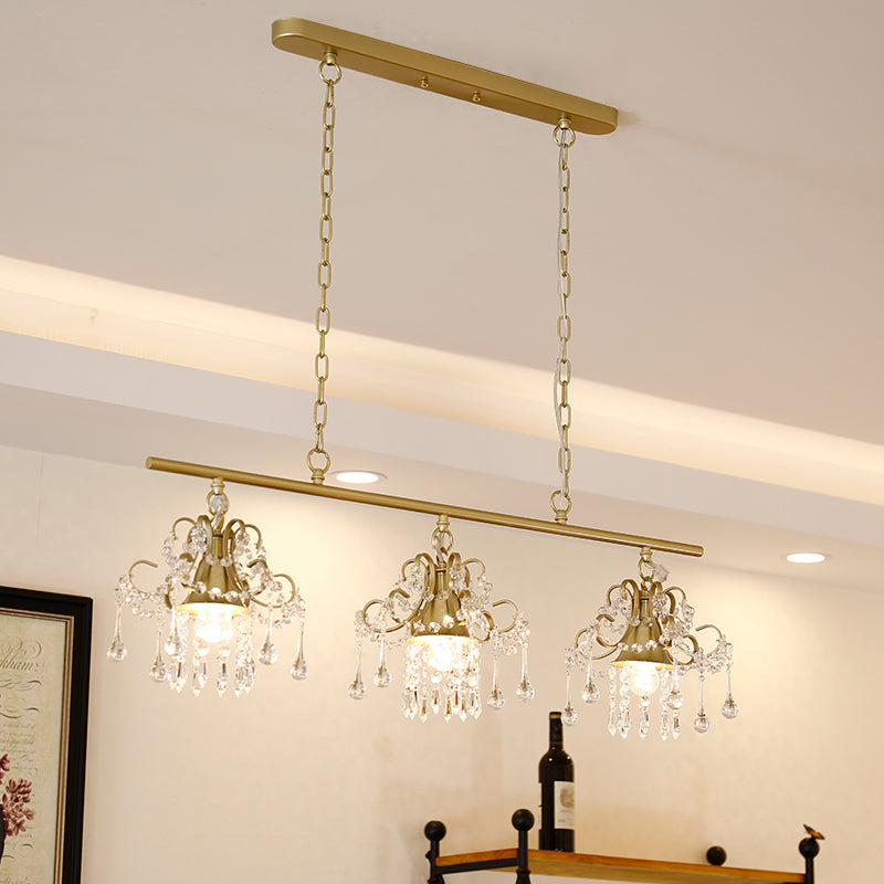Scroll Frame Crystal Raindrops Island Chandelier Contemporary 3 Heads Dinning Hall Hanging Lamp in Gold Gold Clearhalo 'Ceiling Lights' 'Island Lights' Lighting' 1290127