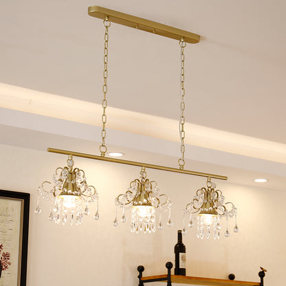 Scroll Frame Crystal Raindrops Island Chandelier Contemporary 3 Heads Dinning Hall Hanging Lamp in Gold Gold Clearhalo 'Ceiling Lights' 'Island Lights' Lighting' 1290127