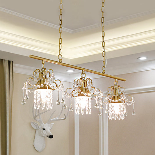 Scroll Frame Crystal Raindrops Island Chandelier Contemporary 3 Heads Dinning Hall Hanging Lamp in Gold Clearhalo 'Ceiling Lights' 'Island Lights' Lighting' 1290128