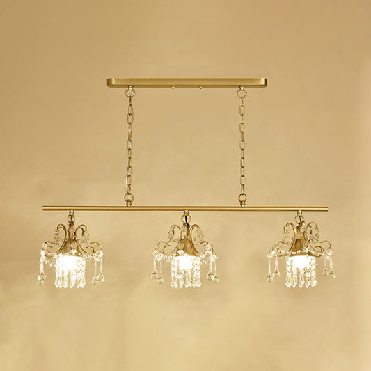 Scroll Frame Crystal Raindrops Island Chandelier Contemporary 3 Heads Dinning Hall Hanging Lamp in Gold Clearhalo 'Ceiling Lights' 'Island Lights' Lighting' 1290129