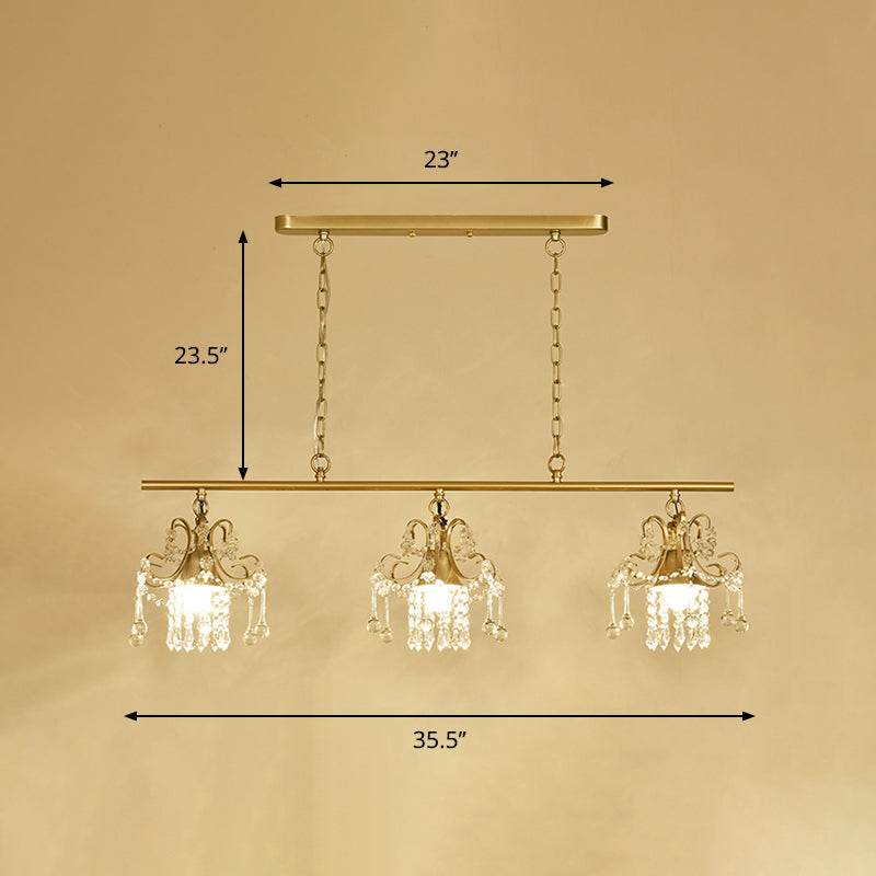 Scroll Frame Crystal Raindrops Island Chandelier Contemporary 3 Heads Dinning Hall Hanging Lamp in Gold Clearhalo 'Ceiling Lights' 'Island Lights' Lighting' 1290130