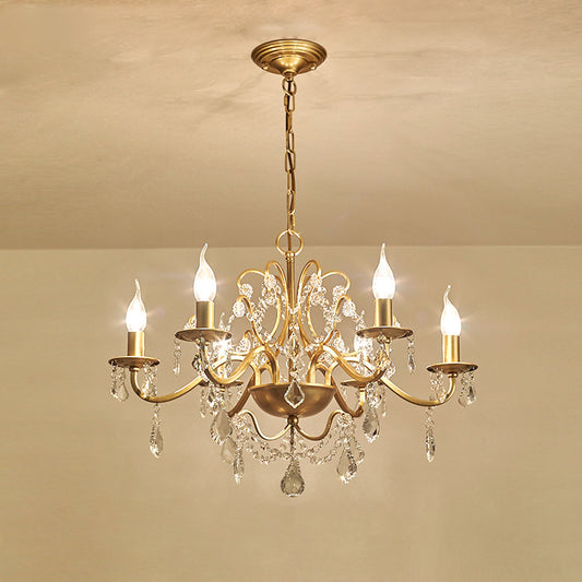 6 Heads Hanging Chandelier Traditional Candelabra Crystal Water Drops Suspended Lamp in Gold Clearhalo 'Ceiling Lights' 'Chandeliers' Lighting' options 1290172