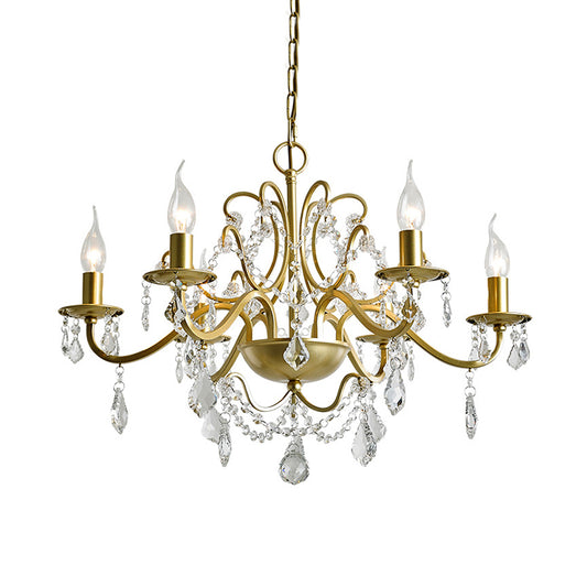 6 Heads Hanging Chandelier Traditional Candelabra Crystal Water Drops Suspended Lamp in Gold Clearhalo 'Ceiling Lights' 'Chandeliers' Lighting' options 1290173