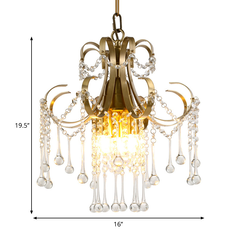 Curvy Arm Crystal Beads Ceiling Pendant Modern 3 Bulbs Bedchamber Chandelier Lamp in Gold Clearhalo 'Ceiling Lights' 'Chandeliers' 'Modern Chandeliers' 'Modern' Lighting' 1290186