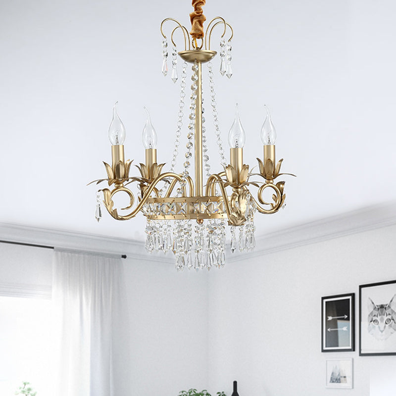 Candle Sleeping Room Chandelier Light Traditional Crystal Prism 4 Heads Gold Hanging Pendant Clearhalo 'Ceiling Lights' 'Chandeliers' Lighting' options 1290195