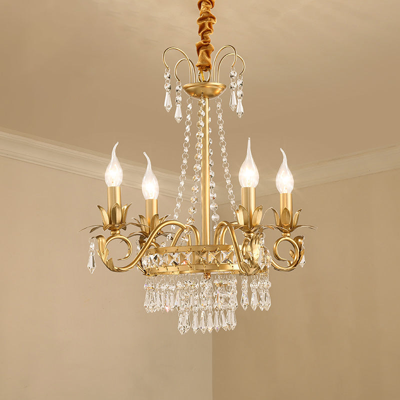 Candle Sleeping Room Chandelier Light Traditional Crystal Prism 4 Heads Gold Hanging Pendant Clearhalo 'Ceiling Lights' 'Chandeliers' Lighting' options 1290196