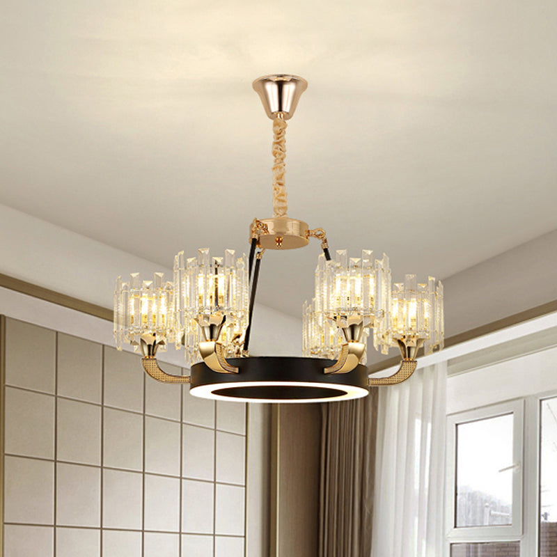 Black and Gold 6 Bulbs Pendant Chandelier Traditional Crystal Cylinder Shade Ceiling Light Clearhalo 'Ceiling Lights' 'Chandeliers' Lighting' options 1290199
