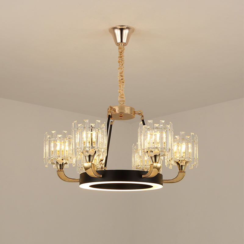 Black and Gold 6 Bulbs Pendant Chandelier Traditional Crystal Cylinder Shade Ceiling Light Clearhalo 'Ceiling Lights' 'Chandeliers' Lighting' options 1290200