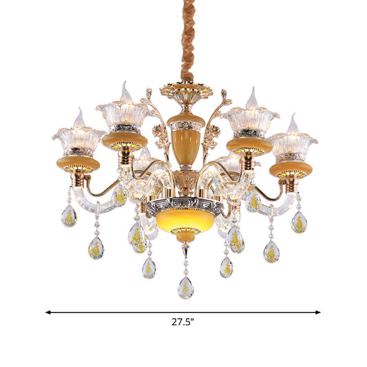 Yellow Candle Chandelier Traditional Crystal Drops 6 Heads Dinning Hall Ceiling Suspension Lamp Clearhalo 'Ceiling Lights' 'Chandeliers' Lighting' options 1290230