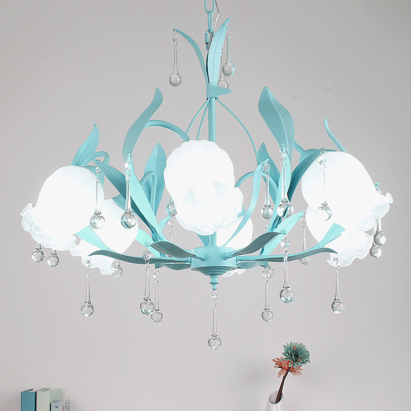 Pink/Blue/Green 6 Bulbs Chandelier Lamp Traditional Crystal Balls Floral Hanging Light Kit for Bedroom Clearhalo 'Ceiling Lights' 'Chandeliers' Lighting' options 1290243