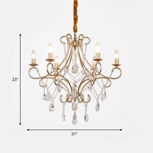 Crystal Stands Gold Suspension Lighting Raindrop 6 Heads Traditional Chandelier Light Fixture Clearhalo 'Ceiling Lights' 'Chandeliers' Lighting' options 1290254